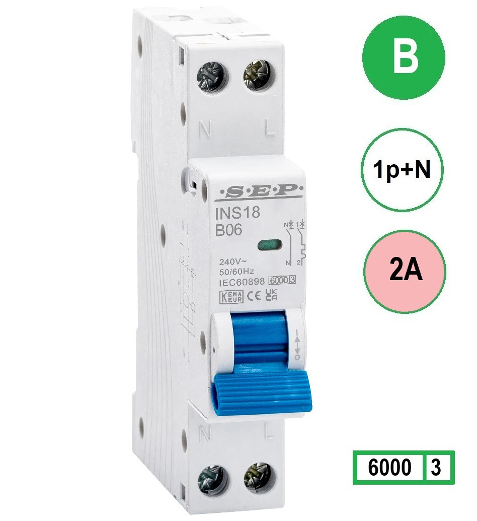 SEP INS18-B02, installatieautomaat 1p+n B2 6kA, 18mm, 1 modulen