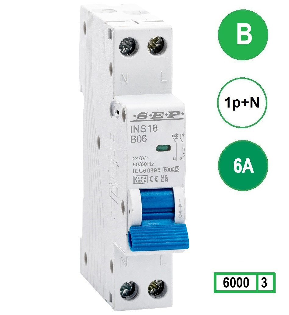 SEP INS18-B06, installatieautomaat 1p+n B6 6kA, 18mm, 1 modulen