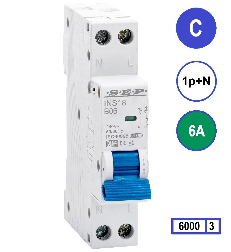 SEP INS18-C06, installatieautomaat 1p+n C6 6kA, 18mm, 1 modulen