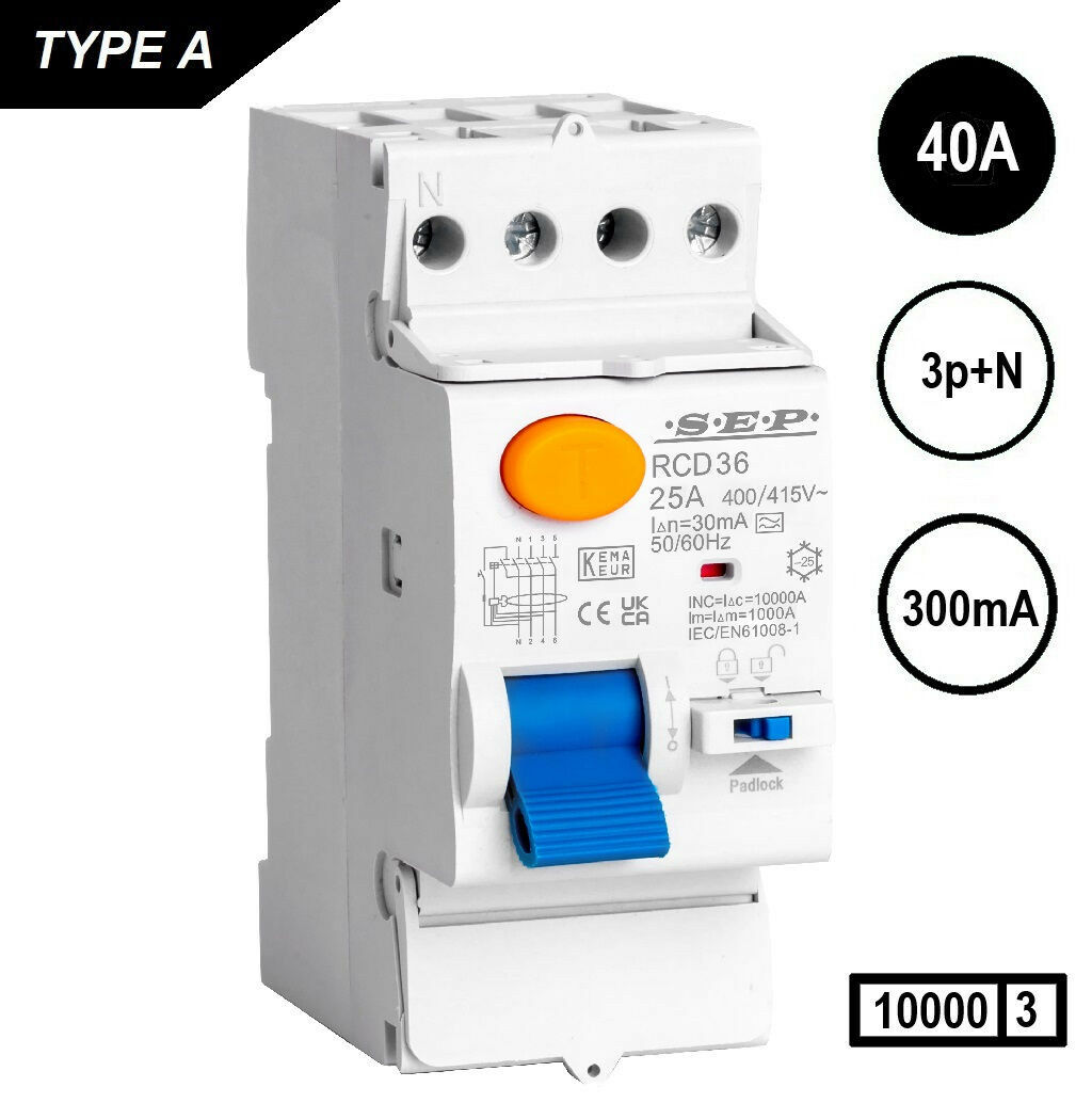 SEP RCD36 - aardlekschakelaar 4p 40A 300mA, 36mm, 2 modulen