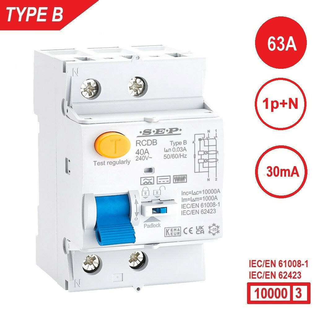 SEP RCDB - Aardlekschakelaar 1p+n, type B, 63A, 30mA, 54mm, 3 modulen