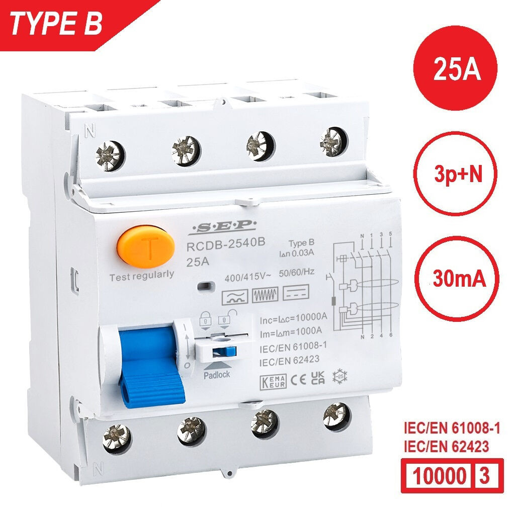 SEP RCDB - Aardlekschakelaar 3p+n, type B, 25A, 30mA, 72mm, 4 modulen