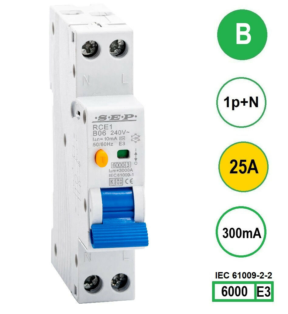 SEP RCE1-B25.30 - aardlekautomaat B25 300mA, 18mm, 1 module