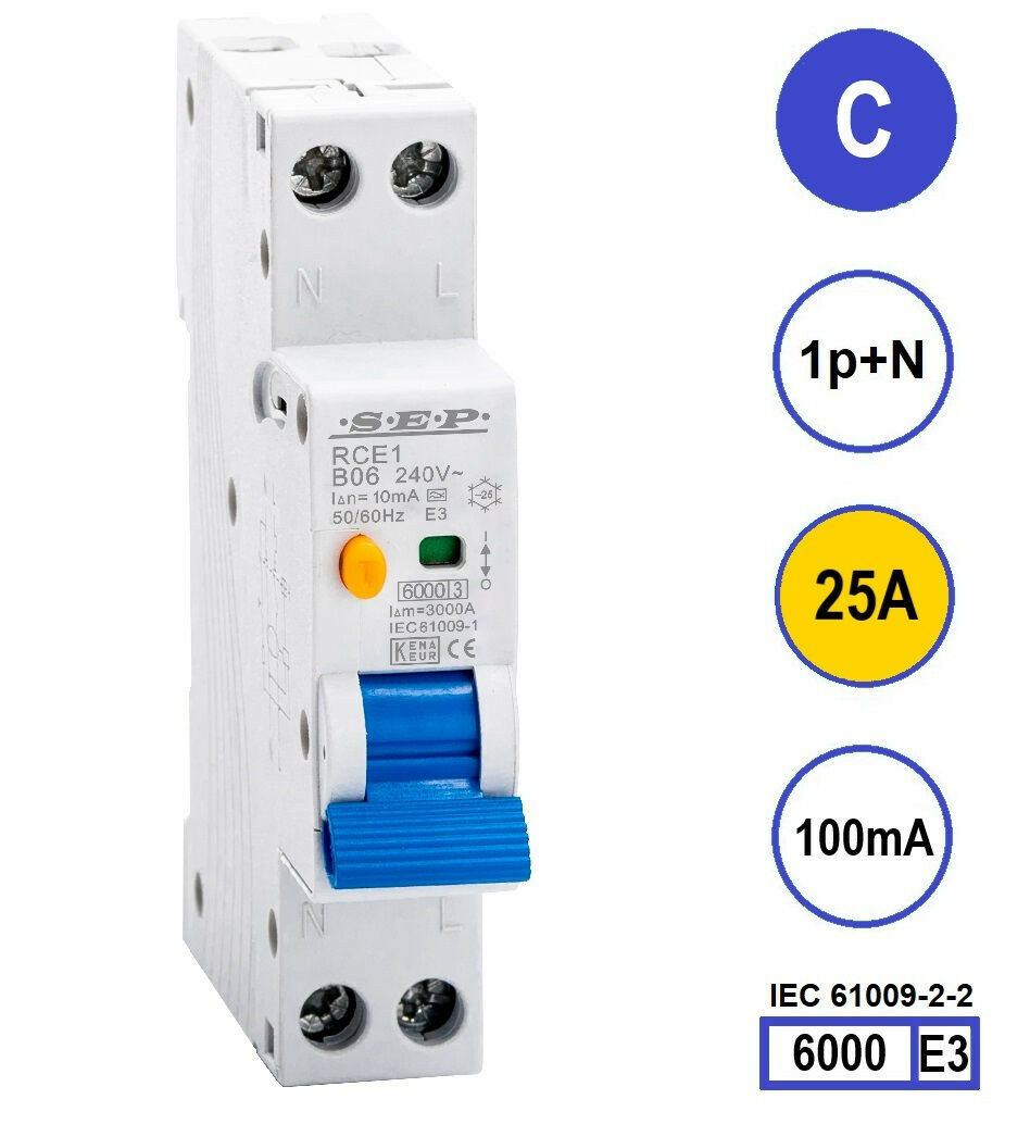 SEP RCE1-C25.10 - aardlekautomaat C25 100mA, 18mm, 1 module
