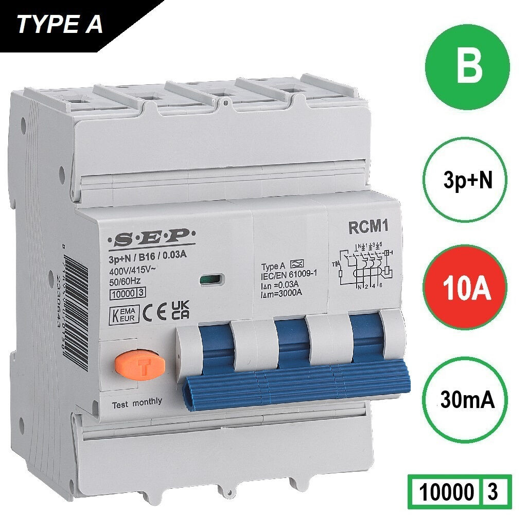 Schotman Elektro B.V. - SEP RCM4 3p+n B 10A 30mA 10kA aardlekautomaat
