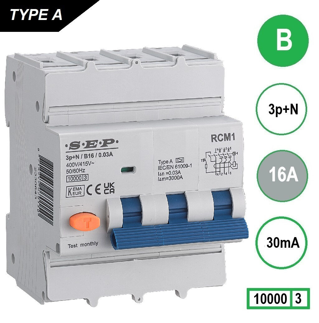 Schotman Elektro B.V. - SEP RCM4 3p+n B 16A 30mA 10kA aardlekautomaat