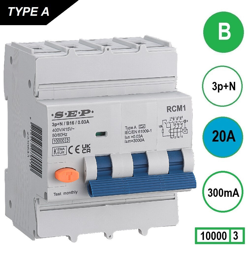 Schotman Elektro B.V. - SEP RCM4 3p+n B 20A 300mA 10kA aardlekautomaat