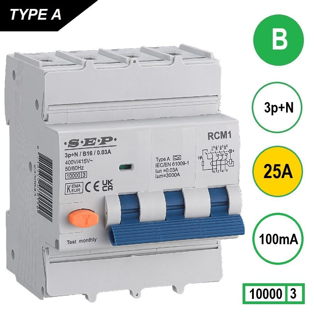 Schotman Elektro B.V. - SEP RCM4 3p+n B 25A 100mA 10kA aardlekautomaat