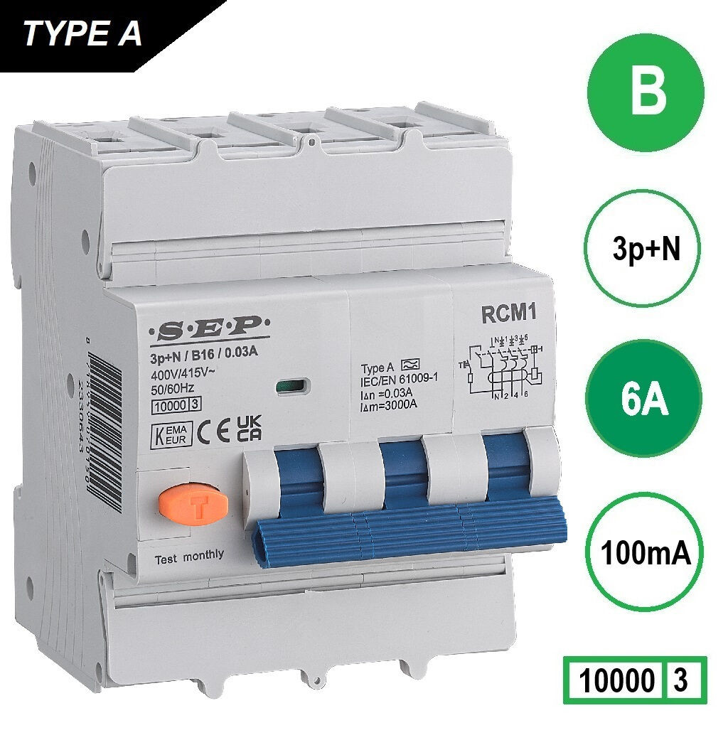 Schotman Elektro B.V. - SEP RCM4 3p+n B 6A 100mA 10kA aardlekautomaat