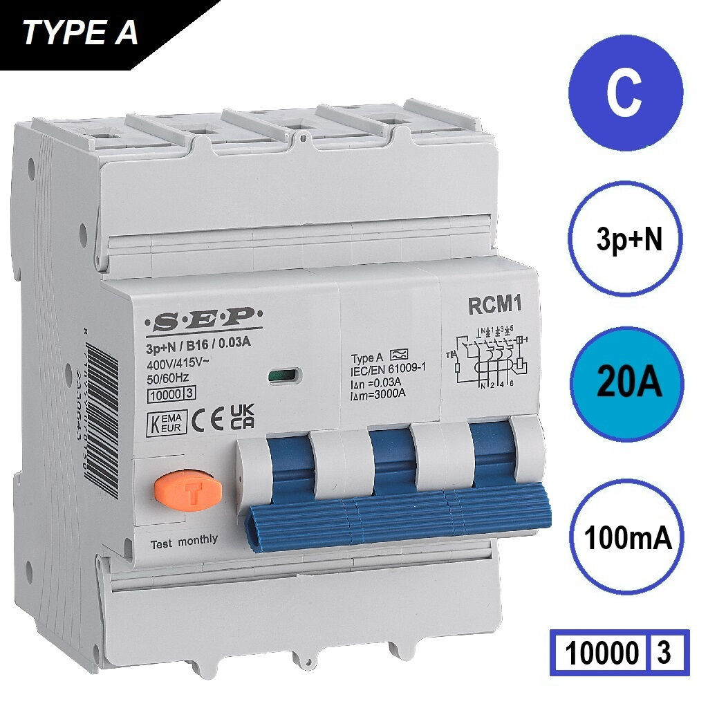 Schotman Elektro B.V. - SEP RCM4 3p+n C 20A 100mA 10kA aardlekautomaat