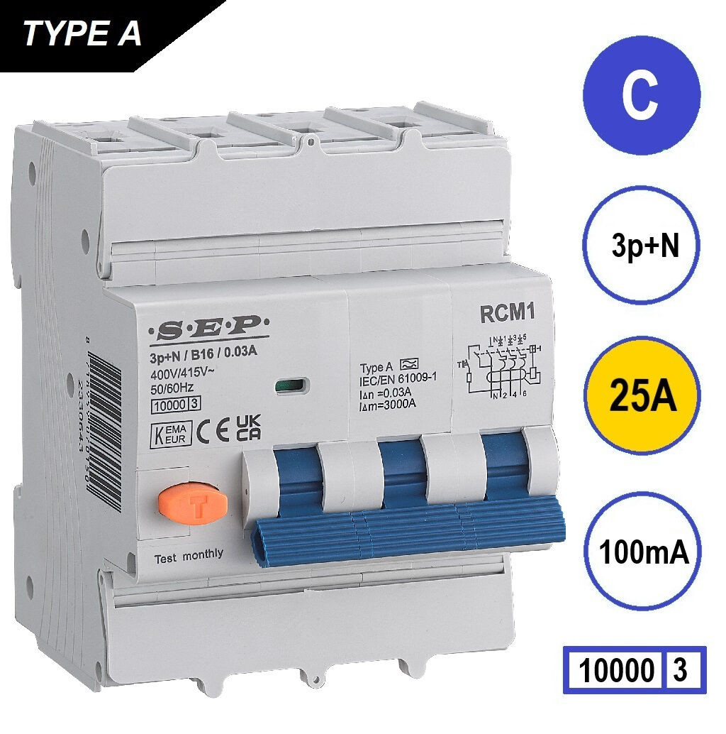 Schotman Elektro B.V. - SEP RCM4 3p+n C 25A 100mA 10kA aardlekautomaat