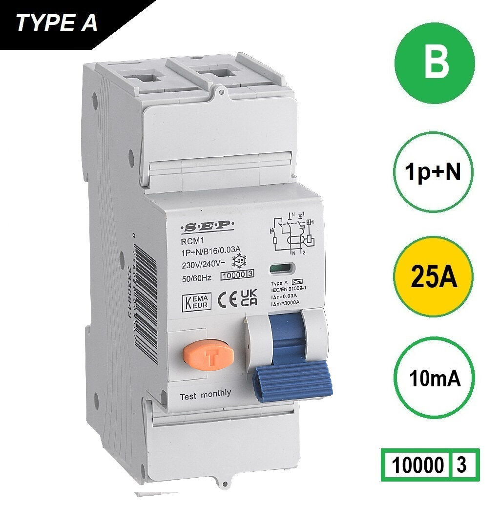 Schotman Elektro B.V. - SEP RCM1 1p+n B 25A 10mA 10kA aardlekautomaat