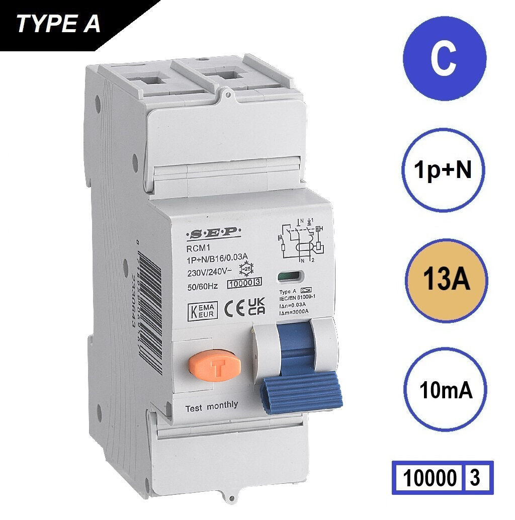 Schotman Elektro B.V. - SEP RCM1 1p+n C 13A 10mA 10kA aardlekautomaat