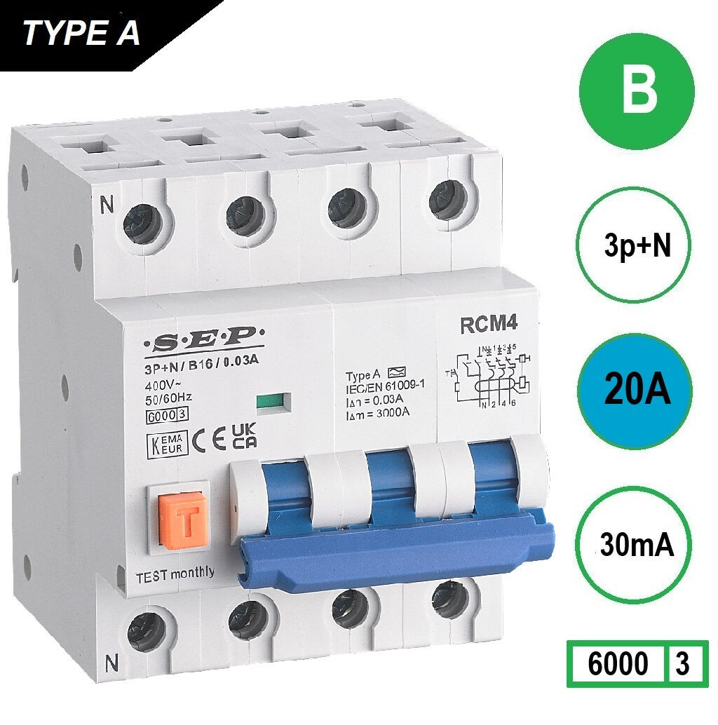 SEP RCM4 Aardlekautom. 3p+n B20 30mA 6kA