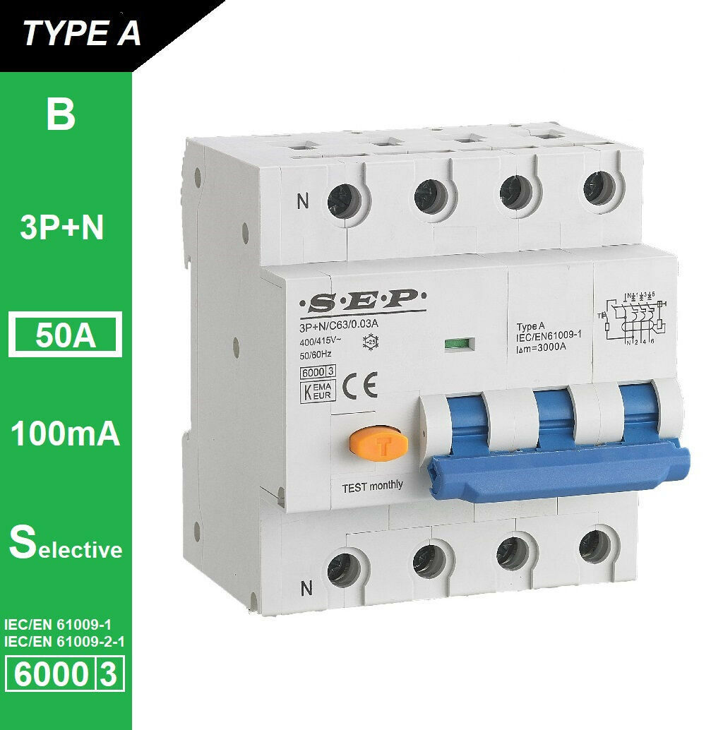 Schotman Elektro B.V. - SEP RCM4 Aardlekautom. 3p+n B50 100mA Selectief 6kA
