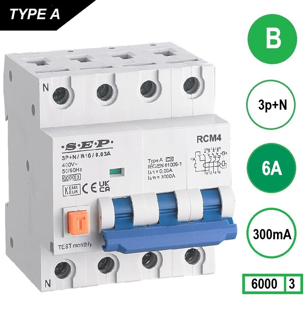 SEP RCM4 Aardlekautom. 3p+n B6 300mA 6kA