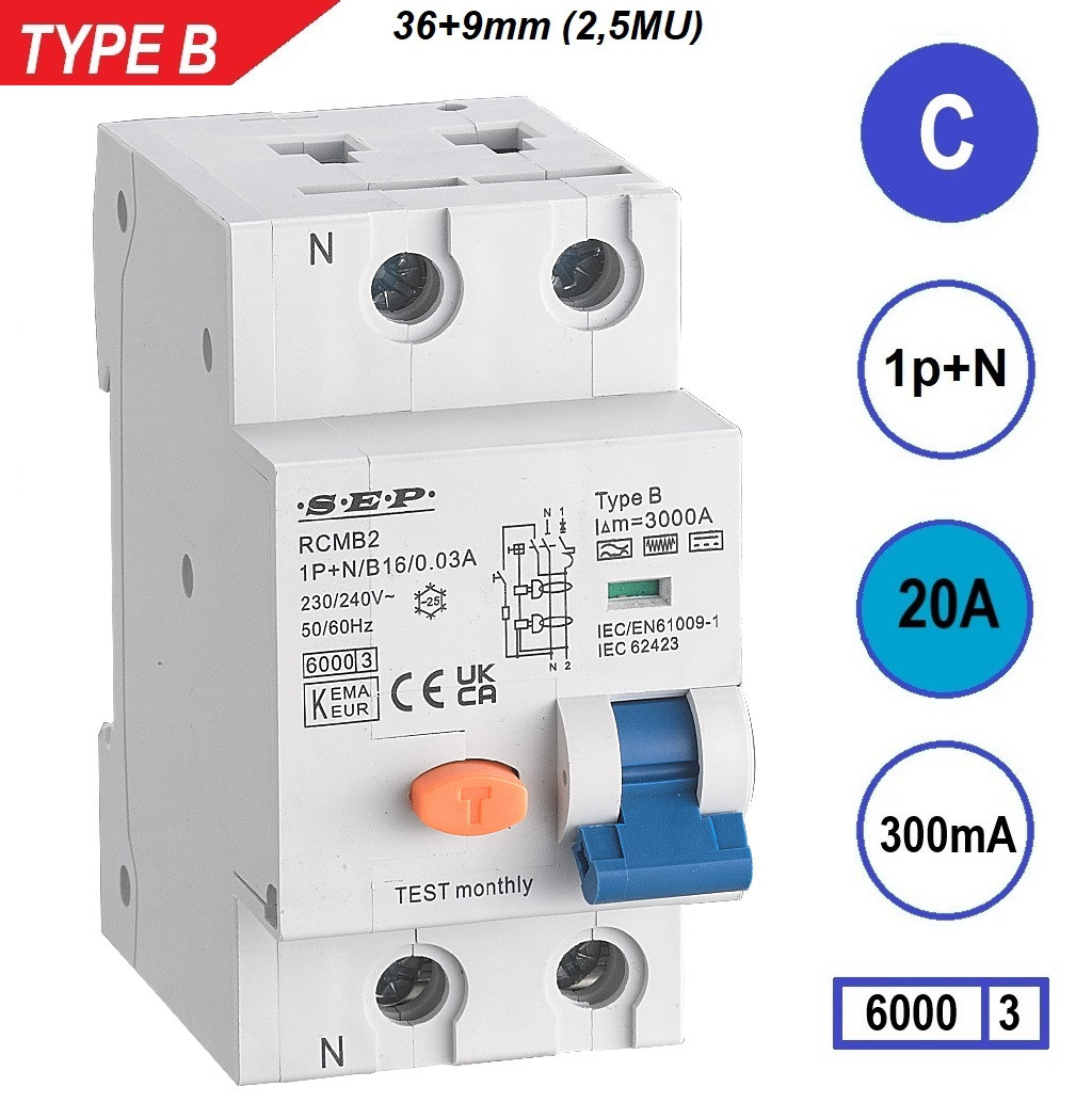Schotman Elektro B.V. - SEP RCMB type B aardlekautomaat, 1p+n, C, 20A, 300mA, 6kA