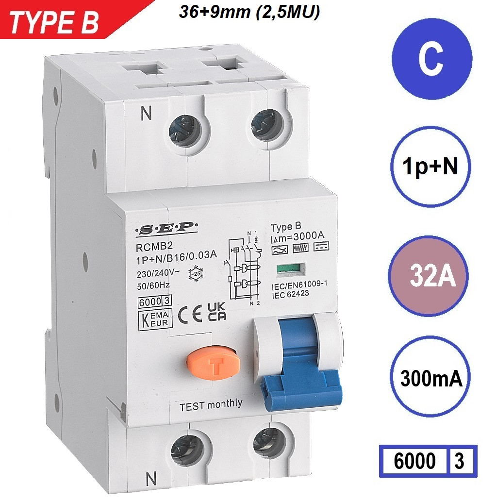 Schotman Elektro B.V. - SEP RCMB type B aardlekautomaat, 1p+n, C, 32A, 300mA, 6kA