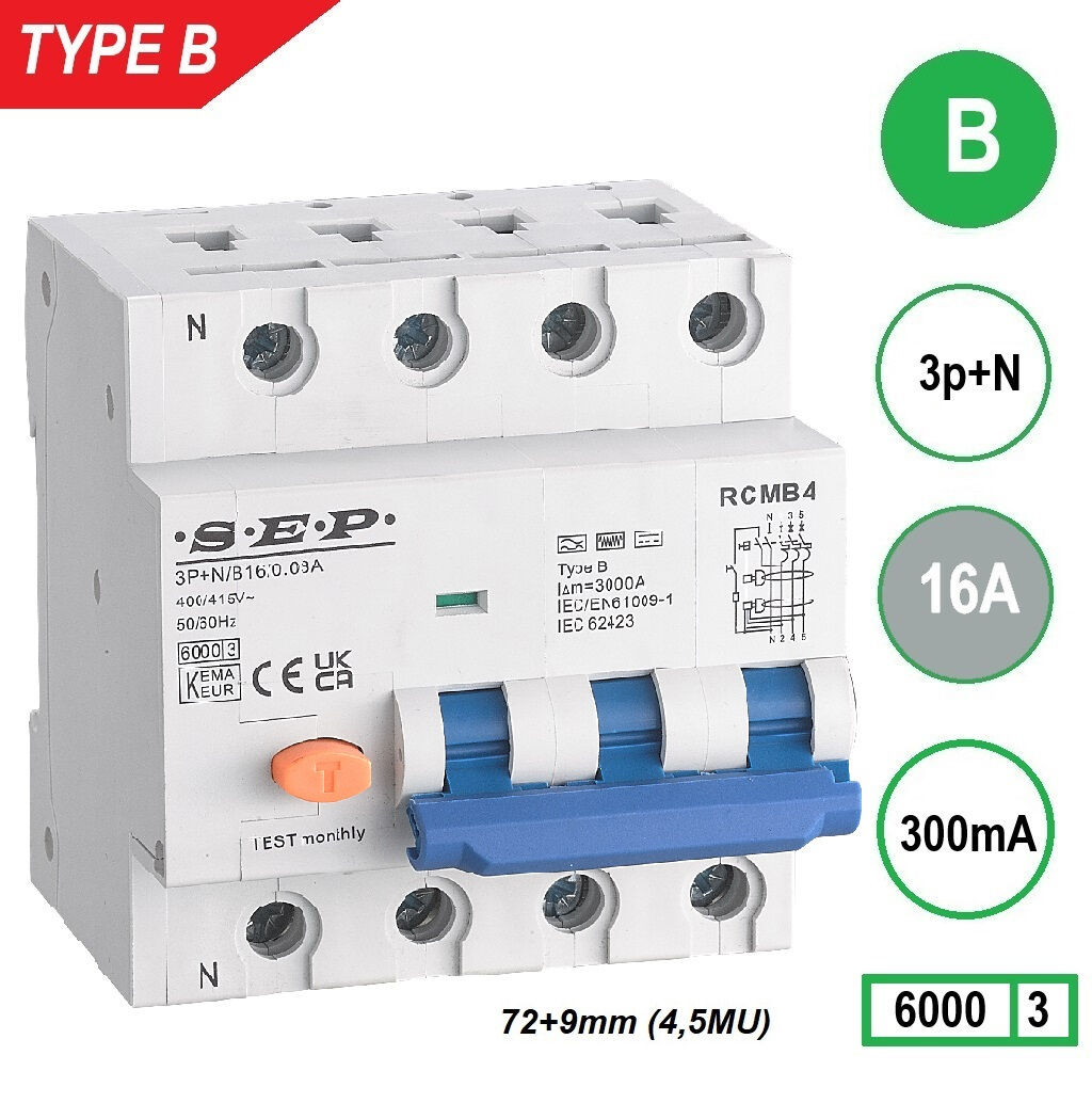 Schotman Elektro B.V. - SEP RCMB type B aardlekautomaat, 3p+n, B, 16A, 300mA, 6kA