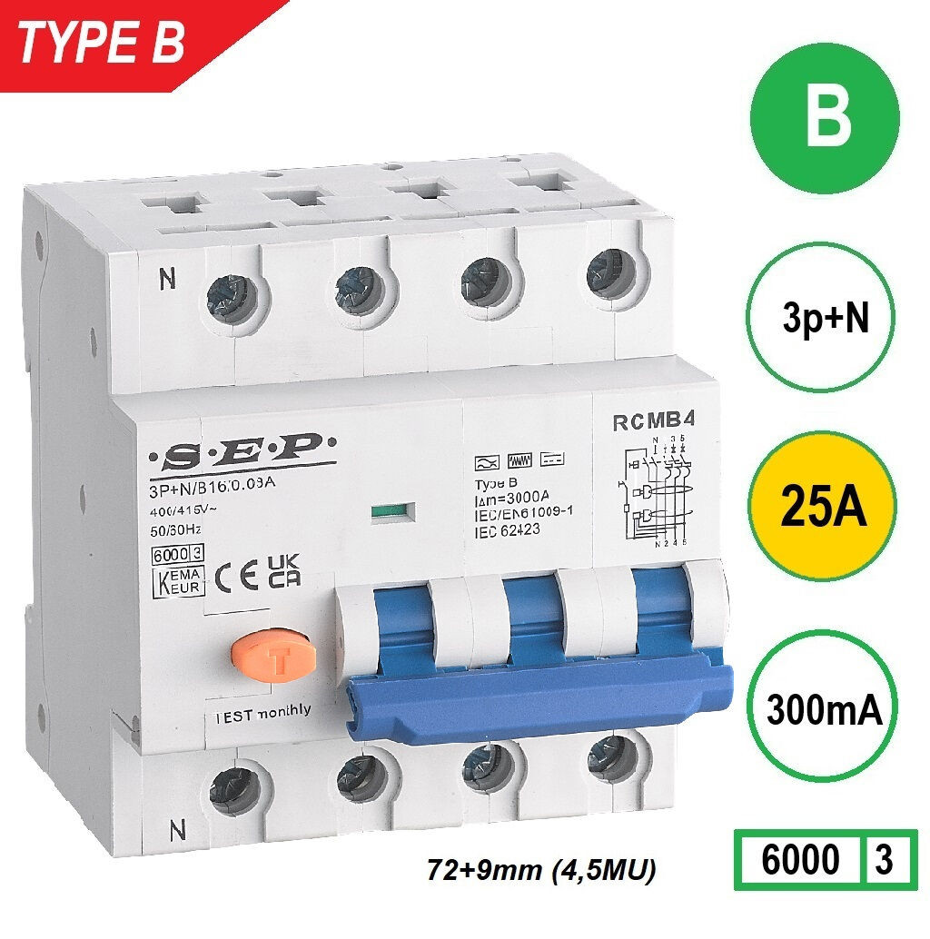 Schotman Elektro B.V. - SEP RCMB type B aardlekautomaat, 3p+n, B, 25A, 300mA, 6kA