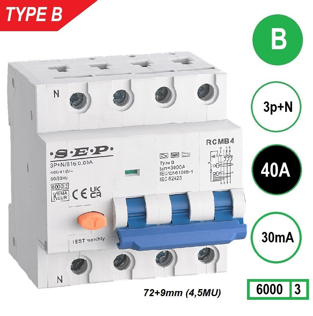 Schotman Elektro B.V. - SEP RCMB type B aardlekautomaat, 3p+n, B, 40A, 30mA, 6kA