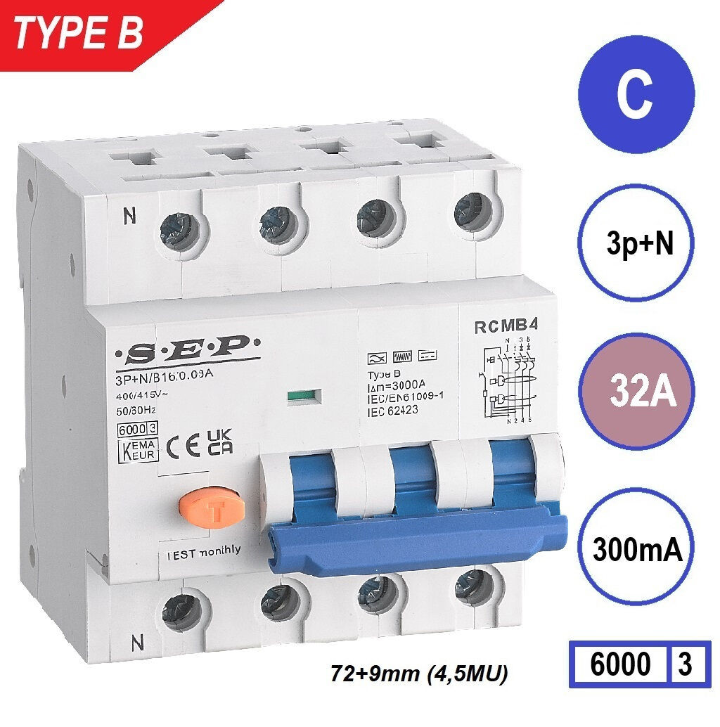 Schotman Elektro B.V. - SEP RCMB type B aardlekautomaat, 3p+n, C, 32A, 300mA, 6kA