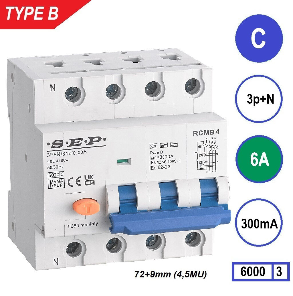 Schotman Elektro B.V. - SEP RCMB type B aardlekautomaat, 3p+n, B, 6A, 300mA, 6kA