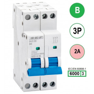SEP INS36-3B02, installatieautomaat 3p B2 6kA, 36mm, 2 modulen