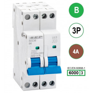 SEP INS36-3B04, installatieautomaat 3p B4 6kA, 36mm, 2 modulen