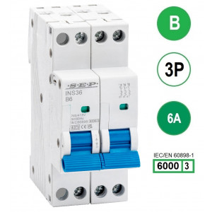 SEP INS36-3B06, installatieautomaat 3p B6 6kA, 36mm, 2 modulen