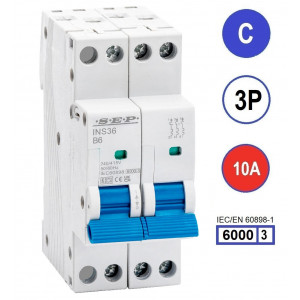 SEP INS36-3C10, installatieautomaat 3p C10 6kA, 36mm, 2 modulen