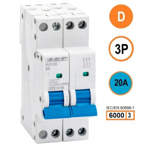 SEP INS36-3D20, installatieautomaat 3p D20 6kA, 36mm, 2 modulen