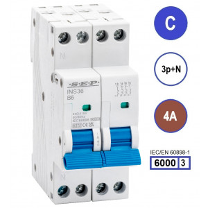 SEP INS36-3NC04, installatieautomaat 3p+n C4 6kA, 36mm, 2 modulen