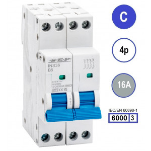 SEP INS36-4C16, installatieautomaat 4p C16 6kA, 36mm, 2 modulen
