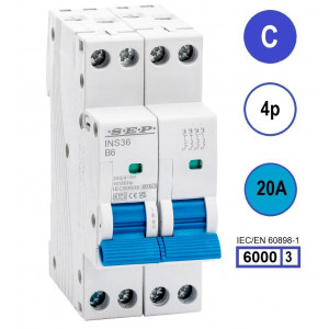 SEP INS36-4C20, installatieautomaat 4p C20 6kA, 36mm, 2 modulen