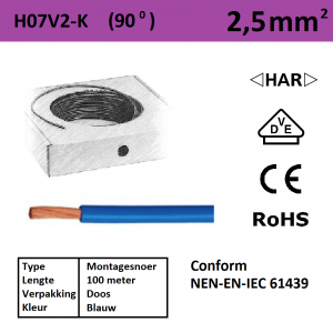 Schotman Elektro - SEP montagesnoer 90 graden H07V2-k blauw 2,5mm2