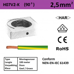 Schotman Elektro - SEP montagesnoer 90 graden H07V2-k geel groen 2,5mm2