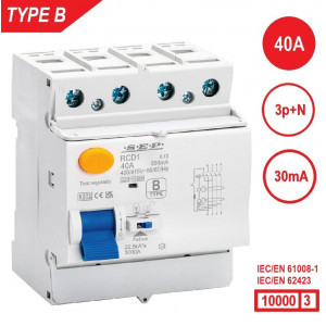 SEP RCD1-4B-04003, aardlekschakelaar 4p, Type B, 10kA, 40A, 30mA