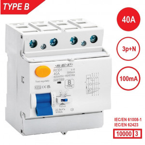 SEP RCD1-4B-04010, aardlekschakelaar 4p, Type B, 10kA, 40A, 100mA