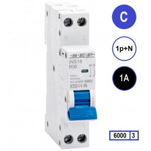 SEP INS18-C01, installatieautomaat 1p+n C1 6kA, 18mm, 1 modulen