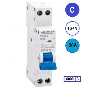 SEP INS18-C20, installatieautomaat 1p+n C20 6kA, 18mm, 1 modulen