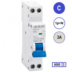 SEP INS18-C03, installatieautomaat 1p+n C3 6kA, 18mm, 1 modulen