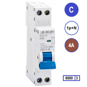 SEP INS18-C04, installatieautomaat 1p+n C4 6kA, 18mm, 1 modulen