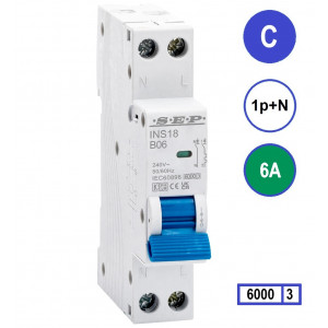 SEP INS18-C06, installatieautomaat 1p+n C6 6kA, 18mm, 1 modulen