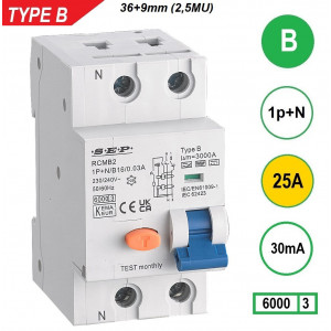 Schotman Elektro B.V. - SEP RCMB type B aardlekautomaat, 1p+n, B, 25A, 6kA