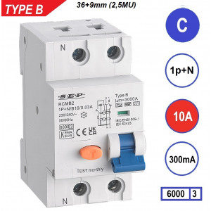 Schotman Elektro B.V. - SEP RCMB type B aardlekautomaat, 1p+n, C, 10A, 300mA, 6kA