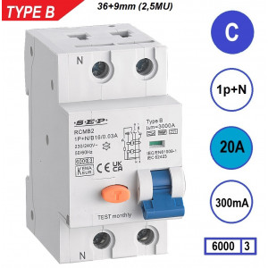 Schotman Elektro B.V. - SEP RCMB type B aardlekautomaat, 1p+n, C, 20A, 300mA, 6kA