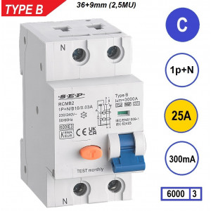Schotman Elektro B.V. - SEP RCMB type B aardlekautomaat, 1p+n, C, 25A, 300mA, 6kA
