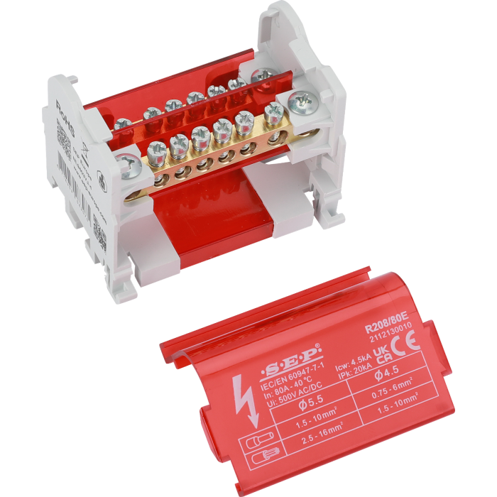 SEP Europe R208/80E verdeelblok 80A 2-polig – interne messing aansluitrail zichtbaar met rode kap verwijderd