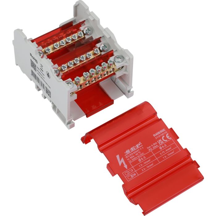 SEP Europe R408/80E verdeelblok 80A 4-polig – interne messing aansluitrail zichtbaar met rode kap verwijderd